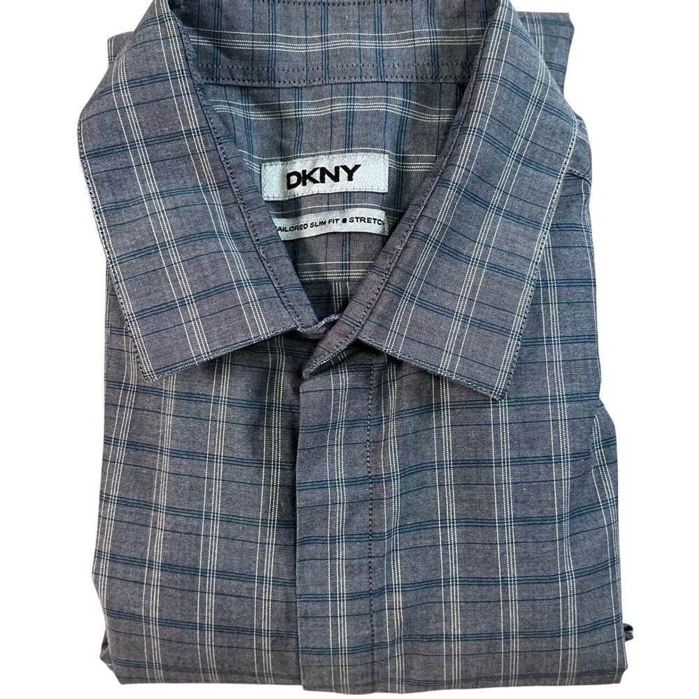 DKNY Slim Fit Stretch Plaid Dress Shirt Gray Blue 15.5 34/35